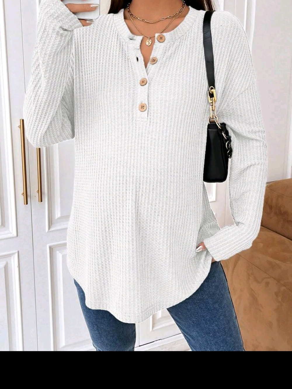Women’s Waffle Knit Henley Top in White